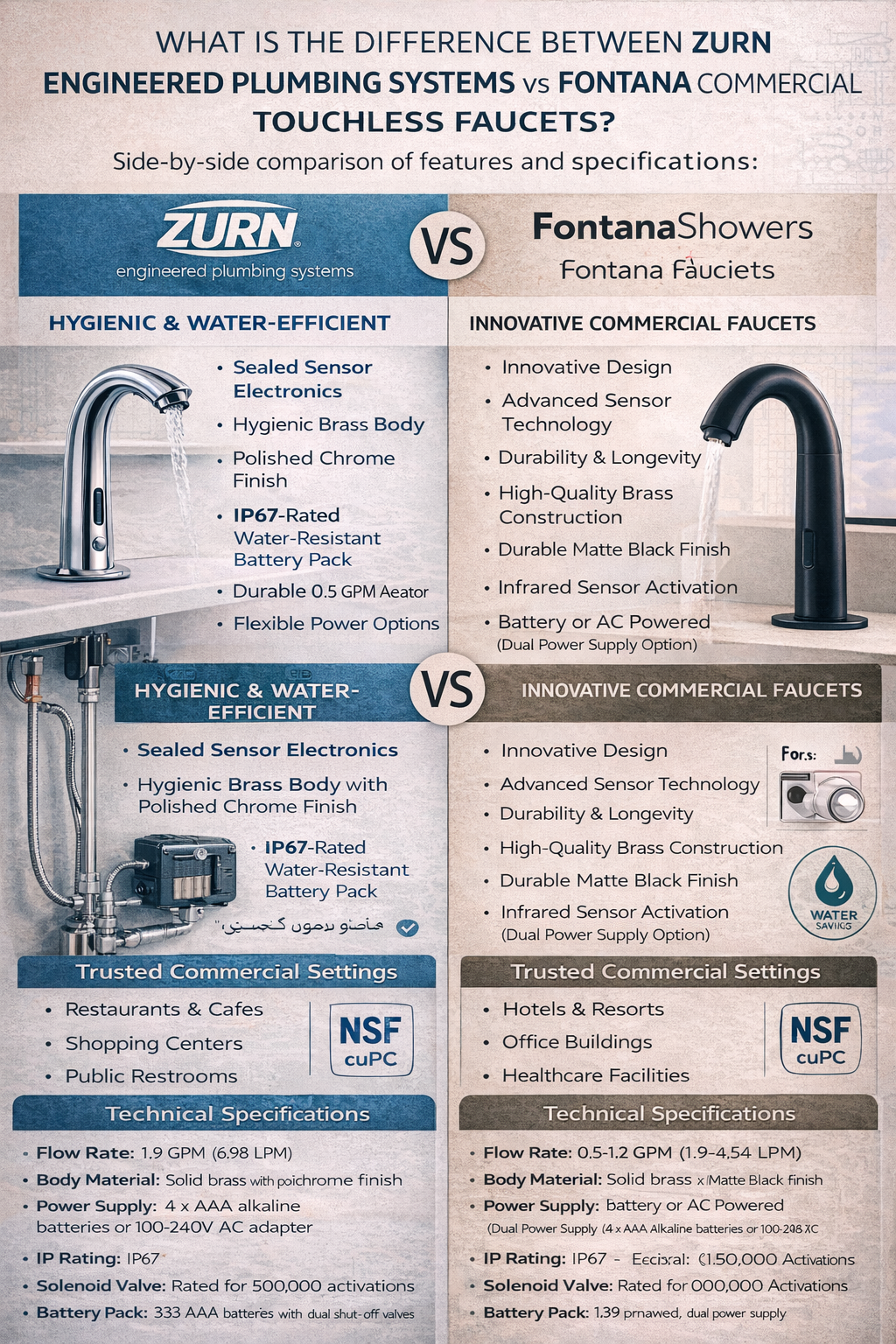 Zurn engineered plumbing systems versus Fontana commercial touchless faucets - side by side comparison